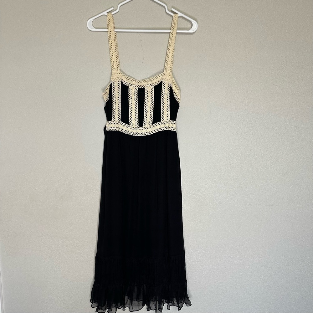 Vintage 100% Whimsigoth Silk Black Dress with Crochet Straps and Details. Size 8
